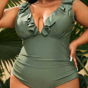 Ruffle V-Neck Plus Size One-Piece – Backless Elegance