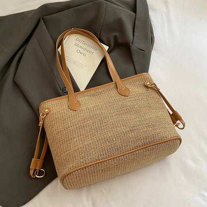 Striped Straw-Effect Tote with Zip