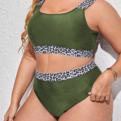 Leopard Trim Plus Size Bikini – Scoop Neck &amp; High-Waist Bottom