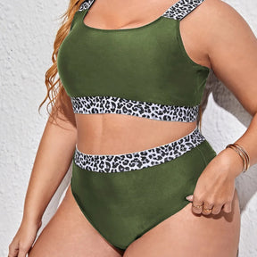 Leopard Trim Plus Size Bikini – Scoop Neck &amp; High-Waist Bottom