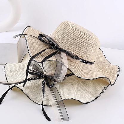 Women's Wide-Brim Sun Hat — Wavy Edge &amp; Sheer Bow