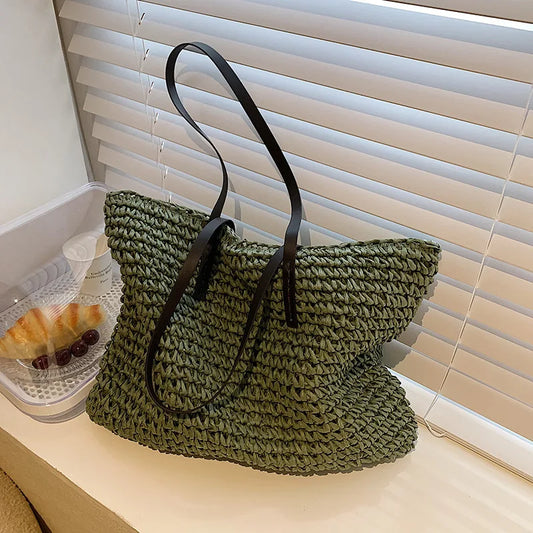 Woven Straw Boho Tote with Zip