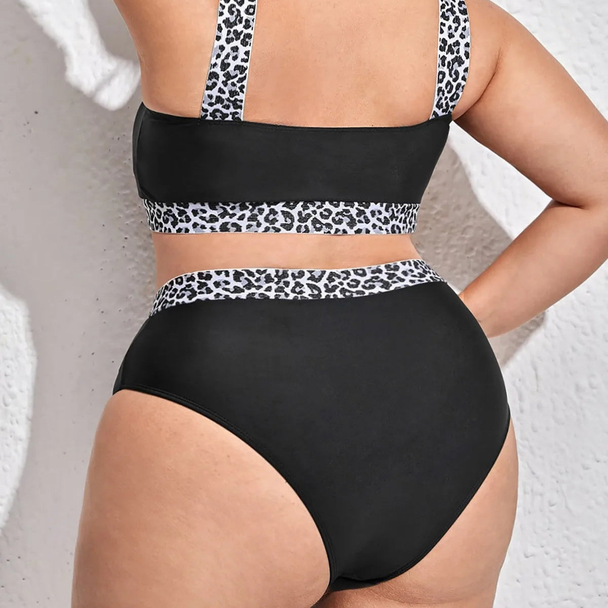 Leopard Trim Plus Size Bikini – Scoop Neck &amp; High-Waist Bottom