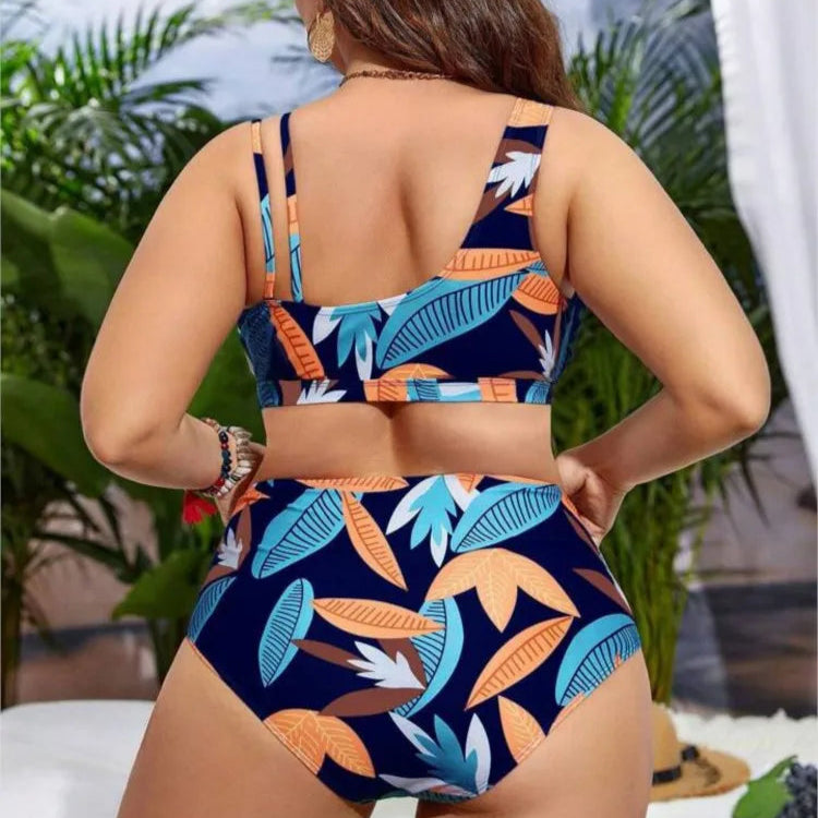 Women's Plus Size V-Neck Colorblock Floral Bikini Set