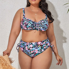 Plus Size Solid One-Piece – Classic V-Neck Ruffle Trim