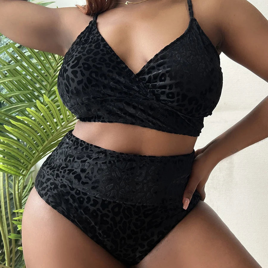 Leopard Print Plus Size Bikini – V-Neck Wrap &amp; High-Waist Bottom