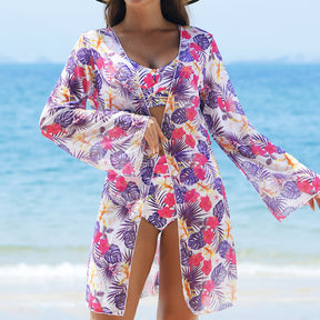 Coastal Set – 3-Piece Floral Bikini with High-Waist Shorts &amp; Cover-Up