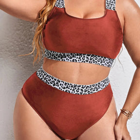 Leopard Trim Plus Size Bikini – Scoop Neck &amp; High-Waist Bottom