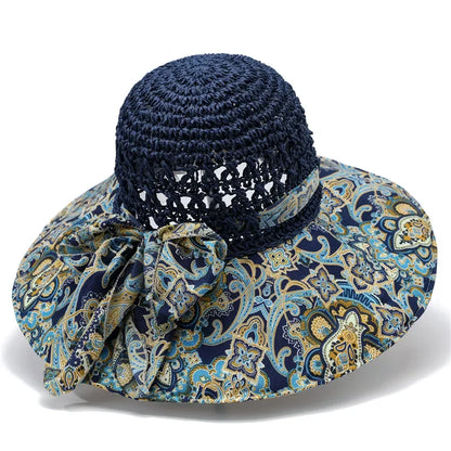 Women's Crochet Straw Sun Hat — Paisley Fabric Brim &amp; Bow