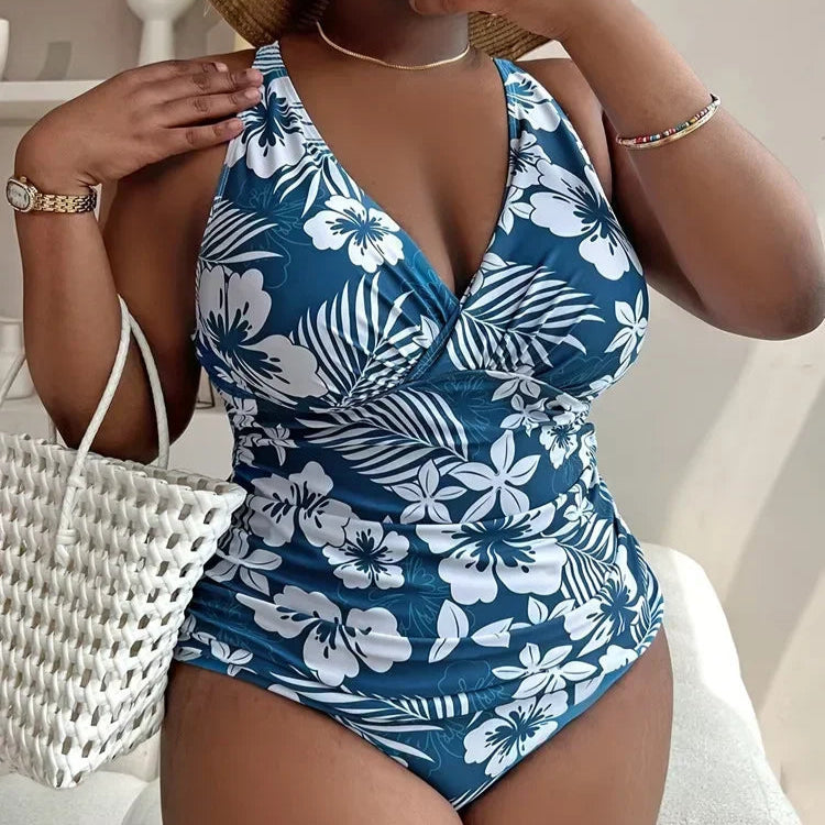 Blue Floral Plus Size Tankini Set – Longline Top &amp; High-Waist Bottom