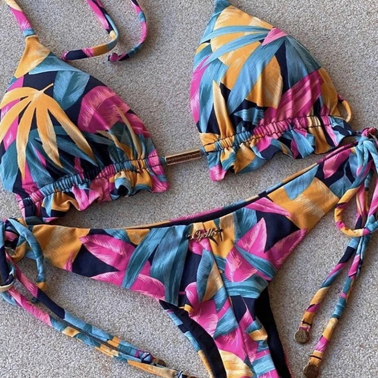 Brazilian Cut Tropical Leaf Print Tie Bikini