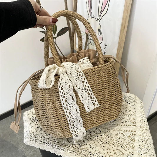 Mini Woven Straw Bucket with Drawstring