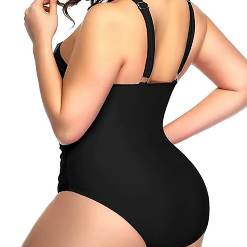 Plus Size Cross-Front One-Piece Swimsuit – Chic Black Elegance