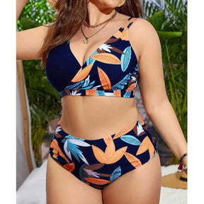 Women's Plus Size V-Neck Colorblock Floral Bikini Set