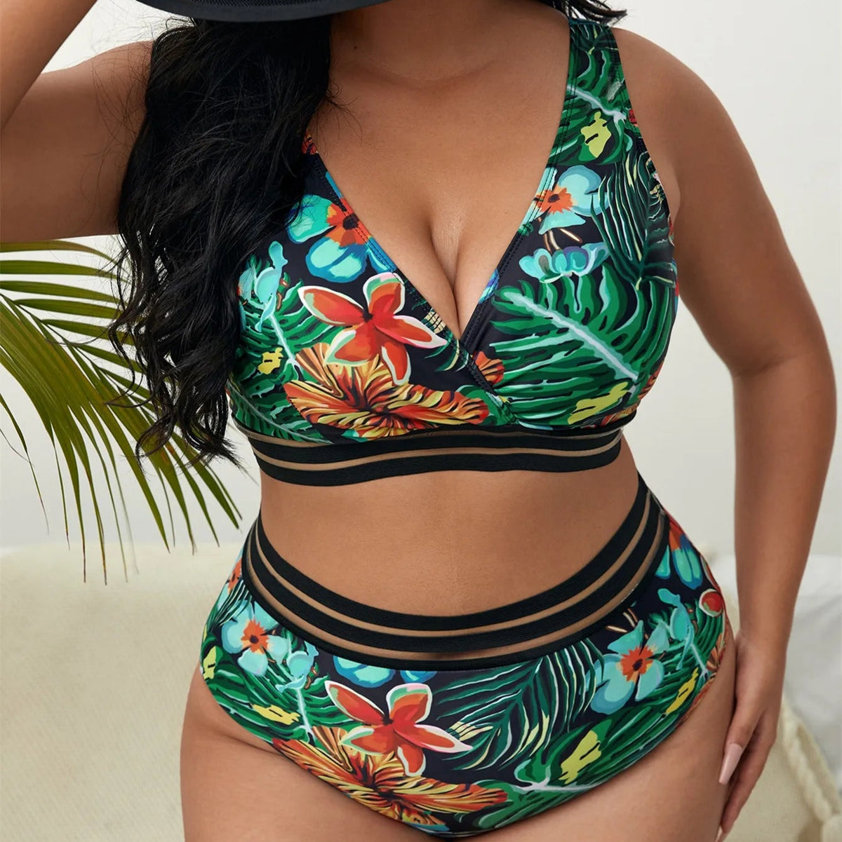 Modern black floral bikini