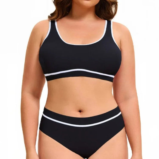 Solid Color Plus Size Bikini – Scoop Neck &amp; Contrast Stripe Trim