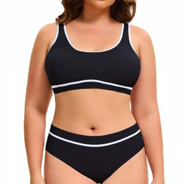 Solid Color Plus Size Bikini – Scoop Neck &amp; Contrast Stripe Trim