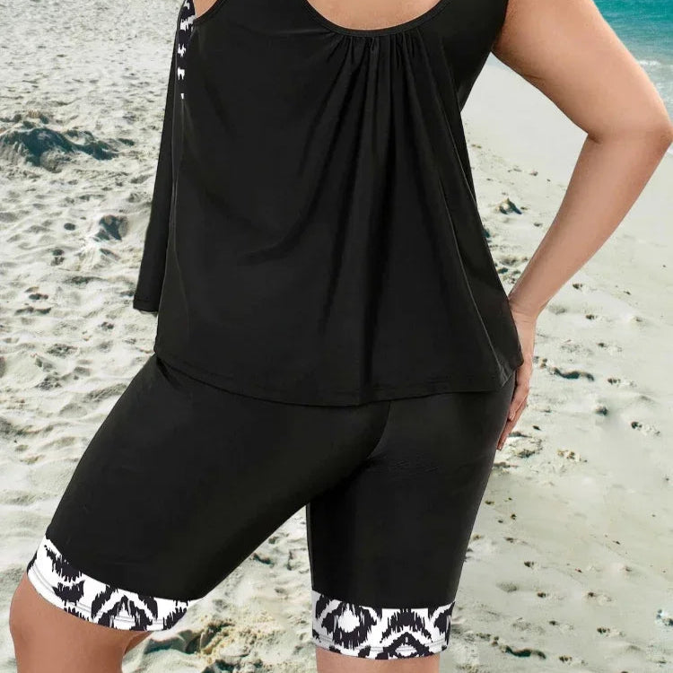 Floral Vest-Style Plus Size Tankini Set – Mid-Thigh Shorts