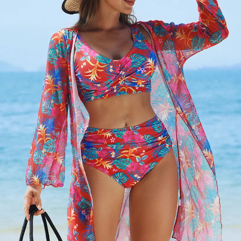 Coastal Set – 3-Piece Floral Bikini with High-Waist Shorts &amp; Cover-Up