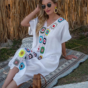 Sol Flor – Long Beach Cover-Up with Floral Crochet Detail
