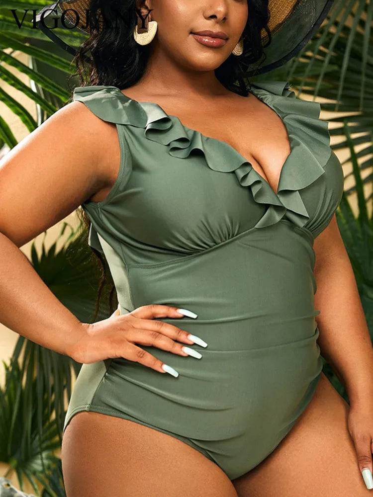Ruffle V-Neck Plus Size One-Piece – Backless Elegance