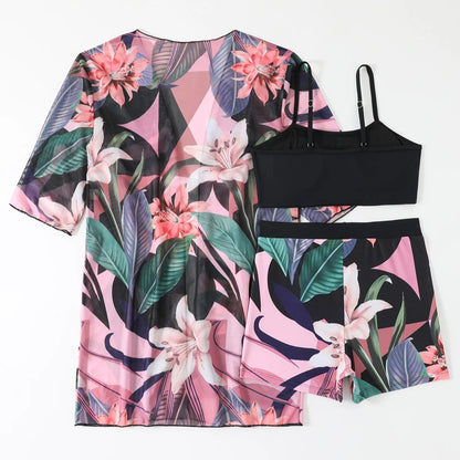 Tropical floral bikini set with beach cover up