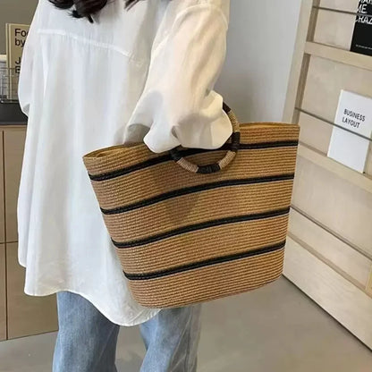 Striped Woven Straw Bucket Tote