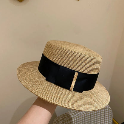 Women's Boater Straw Hat — Wide Grosgrain Ribbon