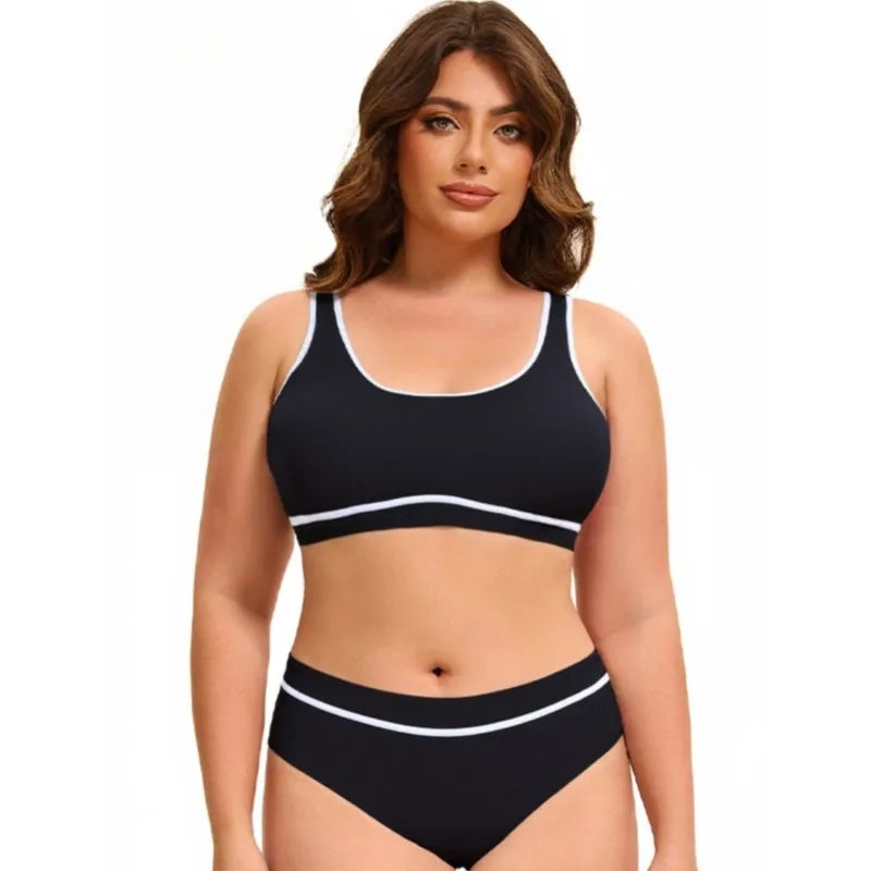 Solid Color Plus Size Bikini – Scoop Neck &amp; Contrast Stripe Trim