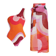 Pacific Aura — One-Shoulder Printed Swimsuit + Long Cover-Up